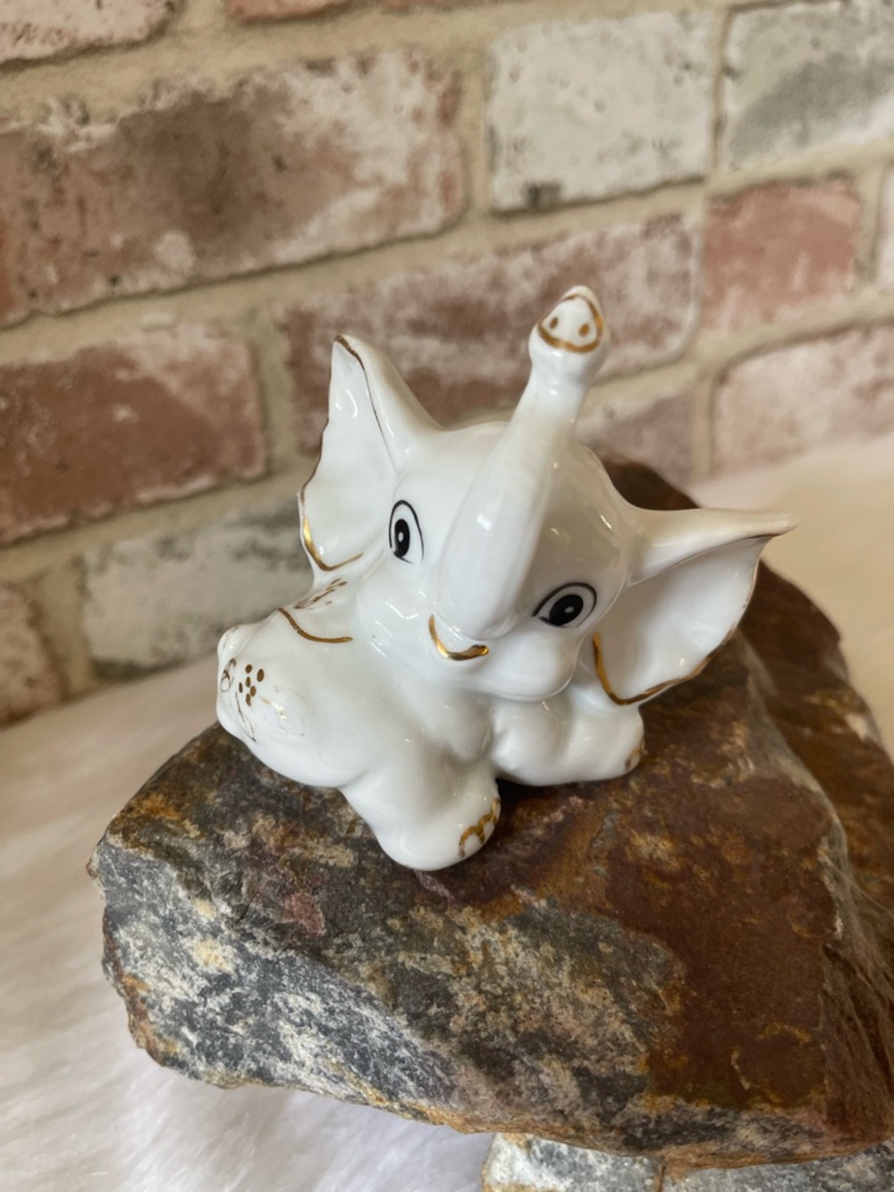 Vintage White Elephant Figurine with Gold Accents - Decorative Home Art